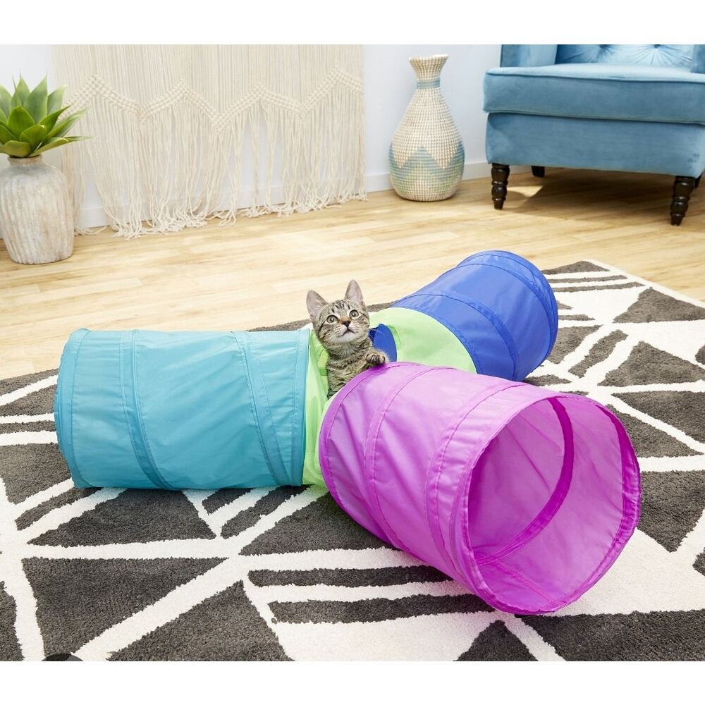 Colorful peek-a-boo foldable tri-tunnel cat toy